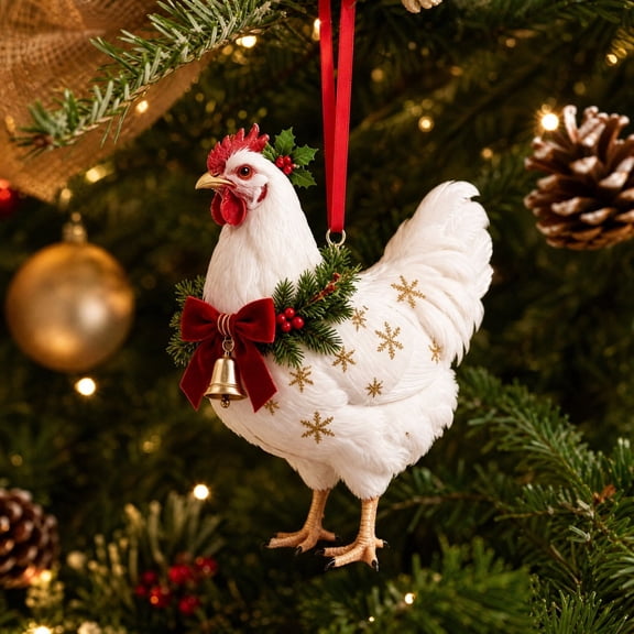 Daveitl 2D Festive Chicken Acrylic Hanging Ornament, 3.2 X 3.2 In Christmas Tree Wreath Mantel Window Home Party Holiday Decoration Gift