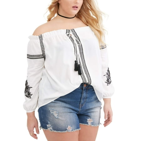 Poof Junior Plus Embroidery Tassel Front Off the Shoulder Top