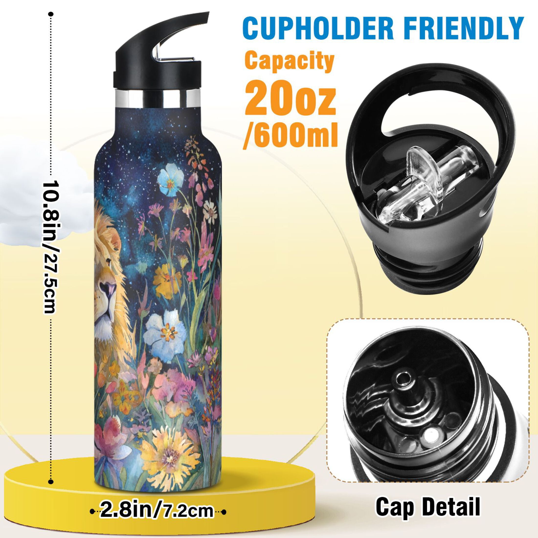 600ML Stainless Steel Insulated Cup Sports Water Bottle Portable Thermos Cup Water Glasses Insulated Tumblers Convenient and Durable Flower Lion