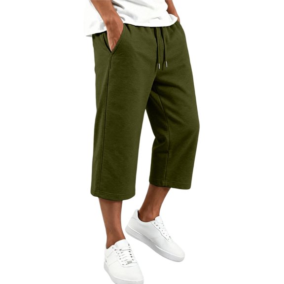 CONROSES Men's Capri Sweatpants Baggy Wide Leg Sweat Pants for Men Solid Elastic Waist Drawstring Fall Athletic Jogger Trousers with Pocket
