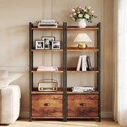 5 Tier Bookcase with Fabric Drawer, Multi-Functional Display Tall Bookshelf, Sturdy Storage Organizerfor Home Office, Brown