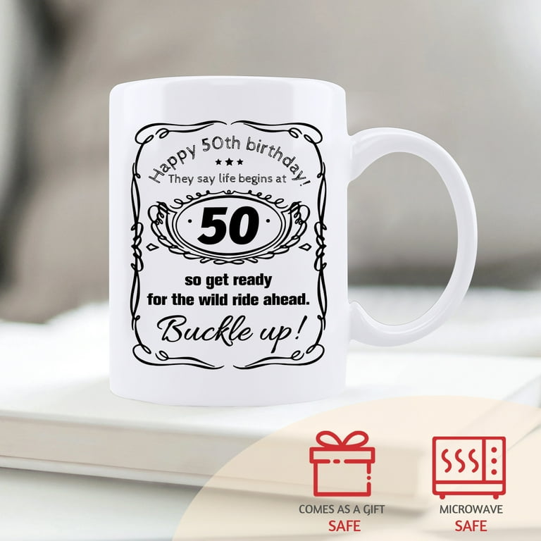 Kaayee Funny 50th Birthday Gifts for Women Men,Life Begins At 50 Coffee Mug,11 oz Fifth Birthday Tea Cup,White