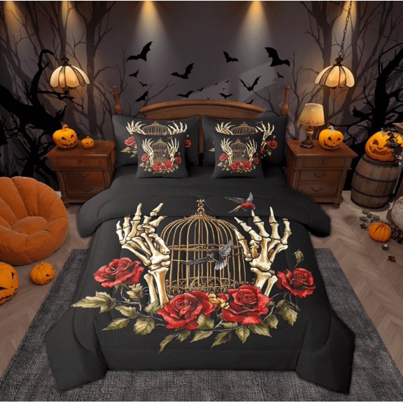 Manfei Skeleton Skull Hands Twin Bedding Sets 7-Piece, Red Rose Floral Flower Bedding Comforter Set, Gothic Romantic Reversible Sheet Sets, Microfiber Bedroom Decor