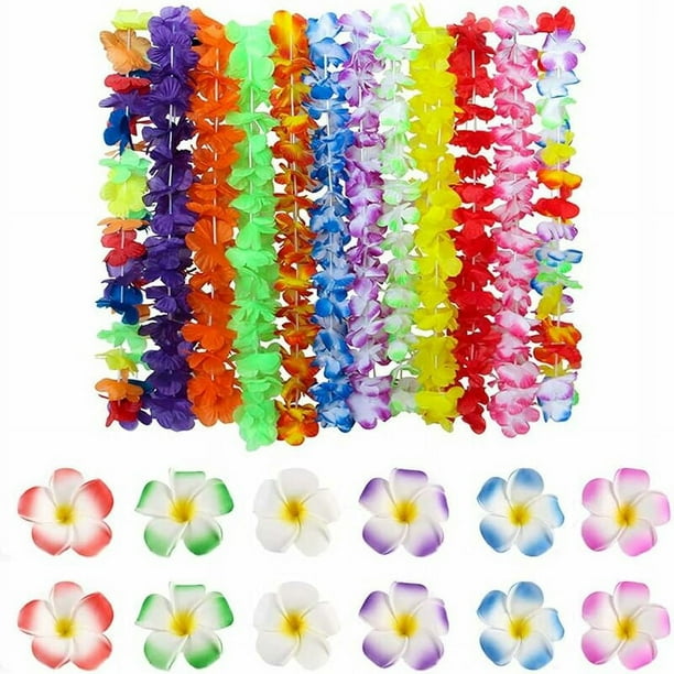 24 Piezas Collares Tropicales Hawaianos, Collar de Flores Hawaianas, Collar Hawaiano, Juego de 12 Collares de Flores con 12 Pasadores de Flores de Plumeria, para Playa de Verano, Decoraciones de