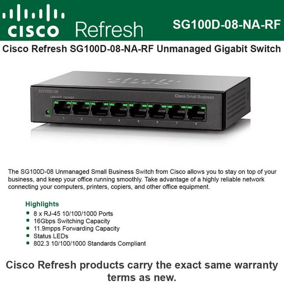 Cisco SG100D-08 Refresh 8-Port Gigabit Switch 8 x 10/100/1000