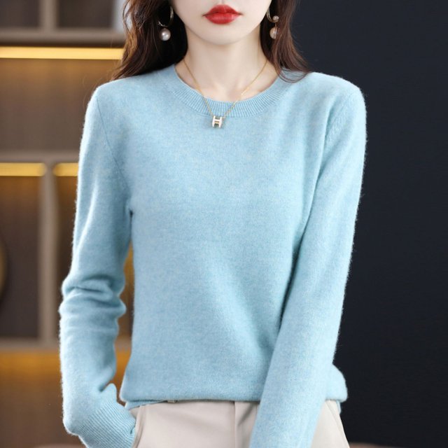 Suéter de lana para mujer, cuello redondo, jersey corto de talla grande, manga larga, jersey de punto ajustado, jersey de cachemira