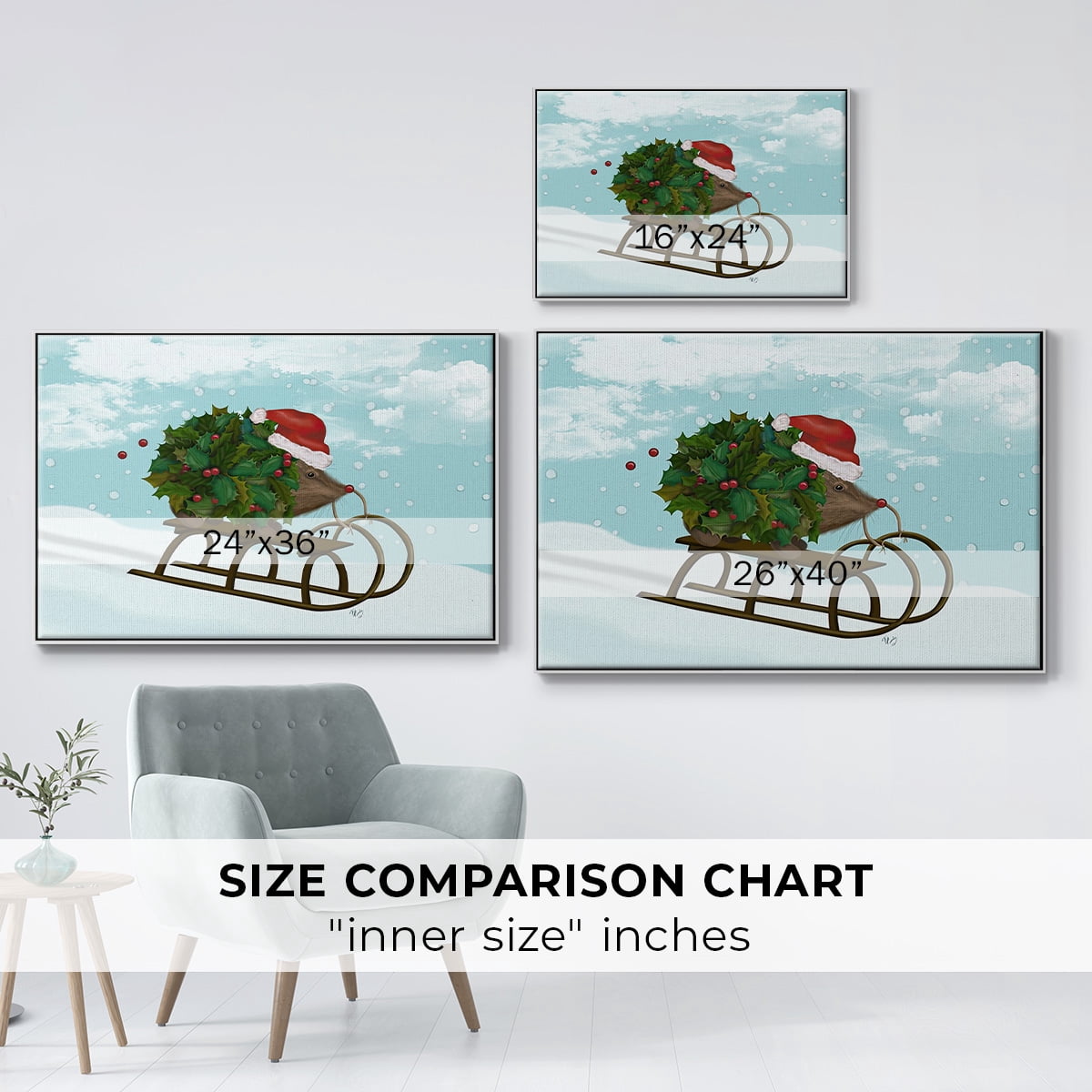 Christmas Holly Hedgehog Sledding - Framed Gallery Wrapped Holiday Canvas - 17 x 25 - White Frame