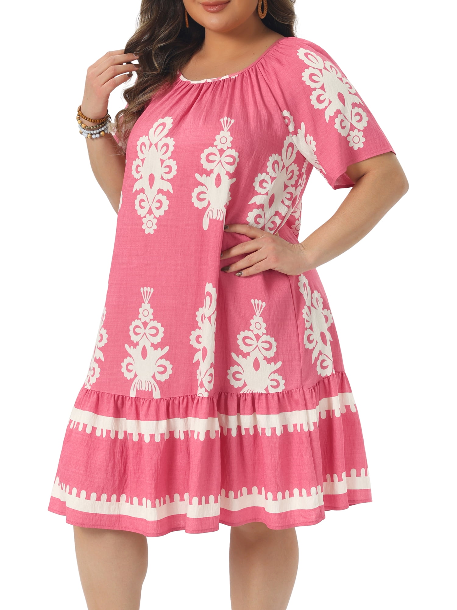 DARING DIVA Women's Plus Size Summer Boho Short Sleeve Flared Midi Dress 4X Pink