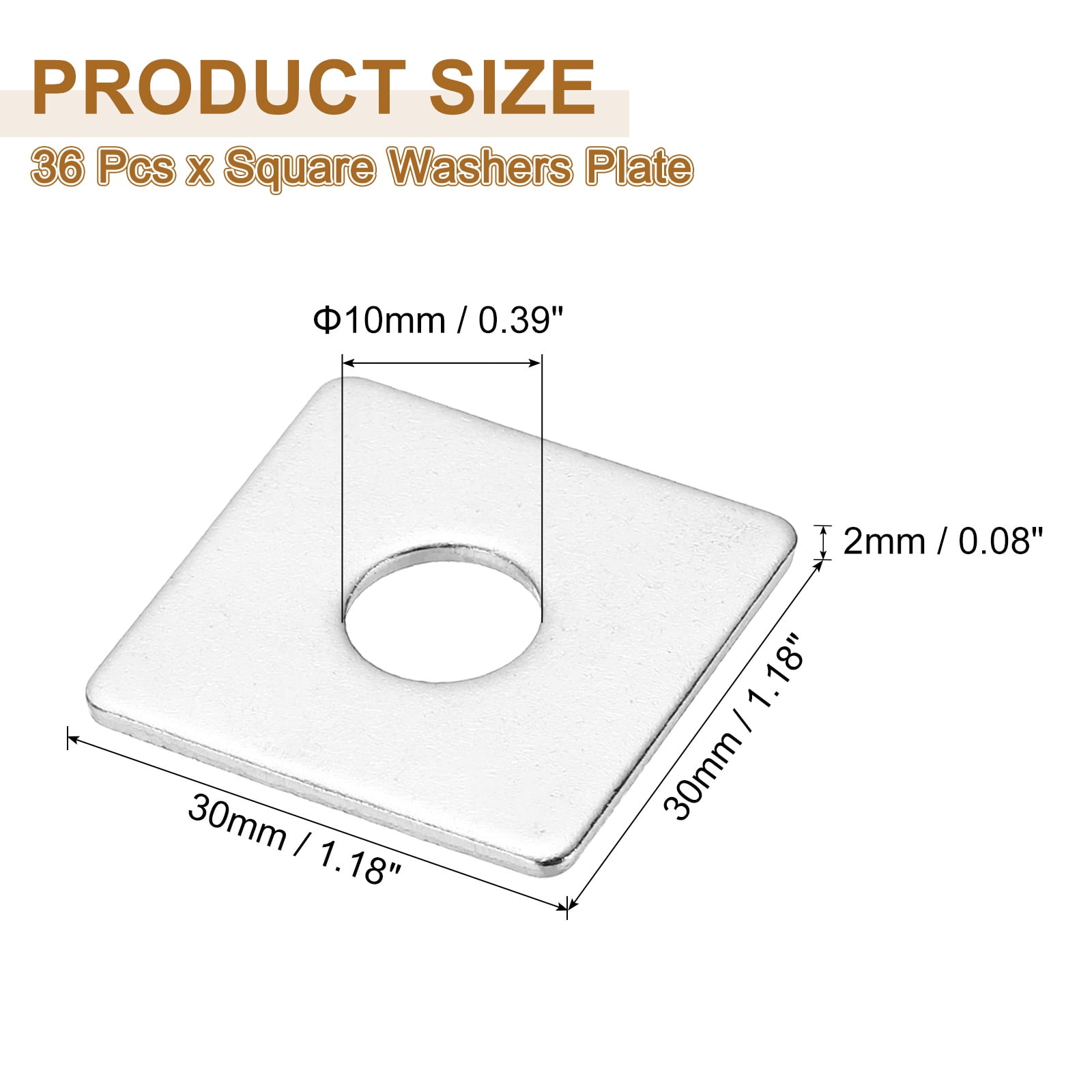 M10x30x2mm Square Washers, 36pcs Square Plate Washers Square Strut Washer Bearing Plate 304 Stainless Steel Flat Pad Spacer Hardware Fastener Nut Bolt Gasket