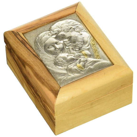 Holy Land Market First Communion Box - Rosary Box - Bethlehem Olive Wood (Metal - Holy Family)