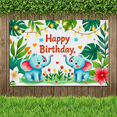 thumbnail image 5 of Happy Birthday Banner with Adorable Blue Elephants Tropical Leaves and Fairy Lights Background Party Decoration for Birthday Party Photography Props Backdrop Supplies, 5 of 7