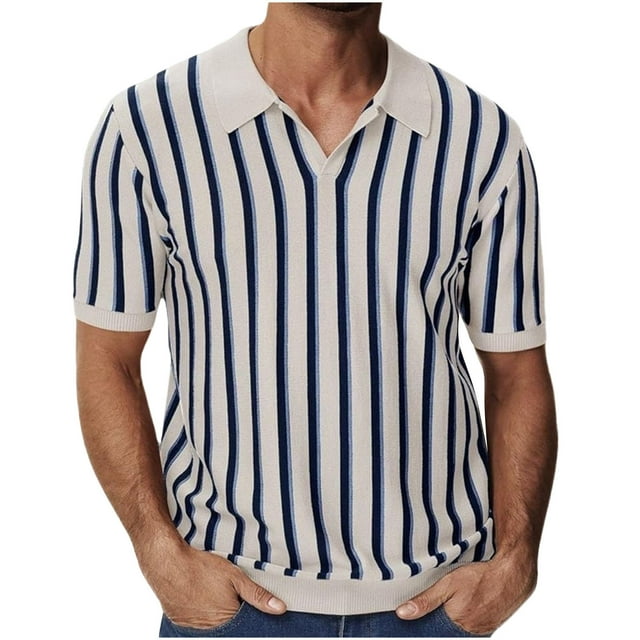 Blusa y camisa de manga corta con cuello vuelto para hombre, informal, de verano, a la moda, de color liso, de manga corta, con solapa y rayas, para hombre