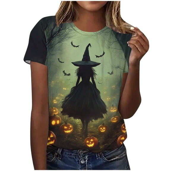 Ichuanyi Halloween Printed Shirts for Women Funny Graphic Round Neck Short Sleeved T-Shirts Novelty Horror Tee Casual Athletic Tops