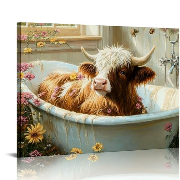 Patifu Cow Bathroom Decor Highland Cow Wall Art Sunflower cow in Bathtub Wall Art Highland Cow Prints Pictures Bathroom Canvas Painting Modern Decorations Artwork for Bathroom Toilet 20x16in