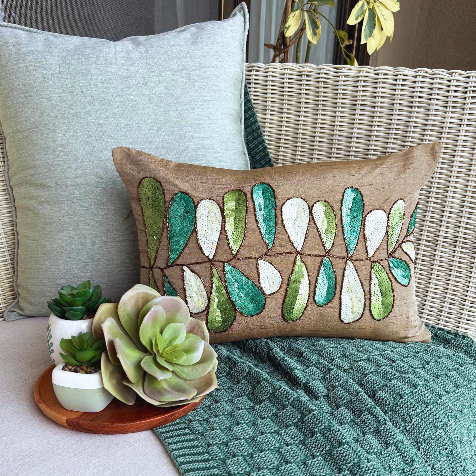 Brown Lumbar Pillow Cover, 12x26 inch (30x65 cm) Lumbar Pillow Cover, Sequins Leaves Lumbar Pillow Cover, Silk Lumbar Pillow Cover, Floral Art Deco Lumbar - Days Of Leaves