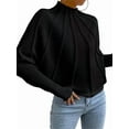 thumbnail image 2 of Women Knitted Bat Sleeve Solid Long Sleeve Mock Neck Sweaters Black S, 2 of 7