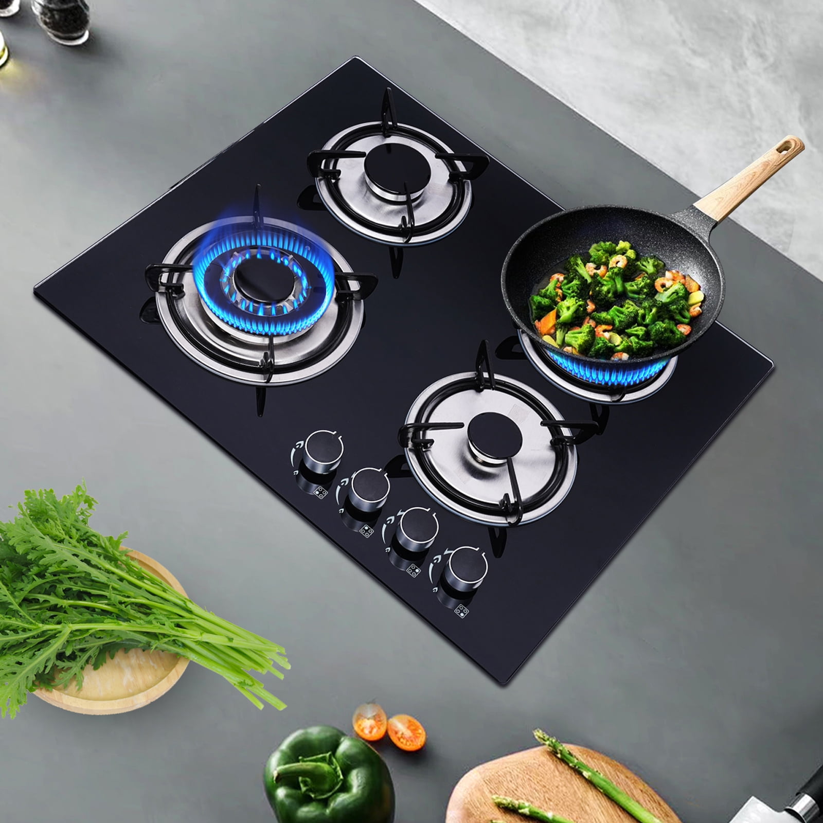 Miumaeov 23” Built-in Gas Cook Cooktop Stove, 4 Burner NG/LPG Gas Hob Cooktop Electronic Ignition High-Power Gas Stove Countertop Tempered Glass