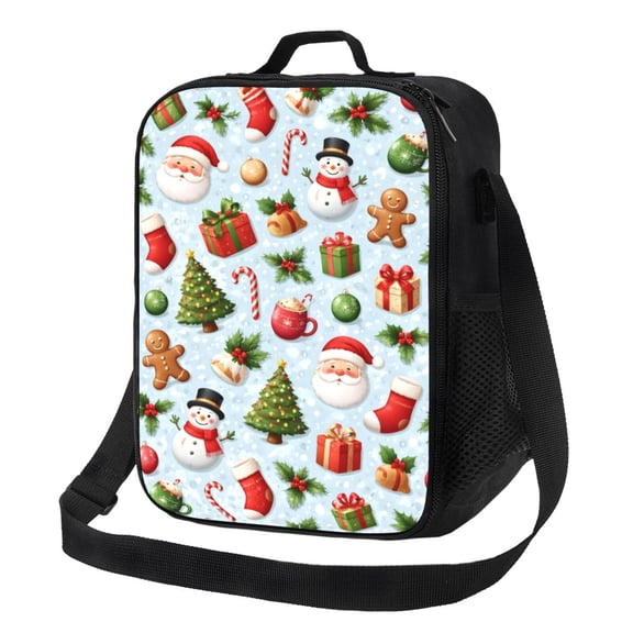 Christmas Pattern Lunch Bag Insulated Thermal Box with Shoulder Strap & Handle for Work and Picnic
