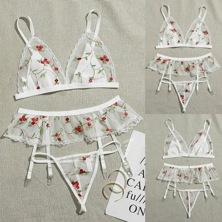 

Pxiakgy lingerie for women 3PCS Bra Lace Embroidery Bow Tie Sleepwear Underwear Lingerie Flower Lace White + XL