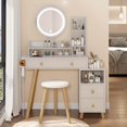 thumbnail image 6 of Round Mirror Bedside Cabinet Vanity Table + Cushioned Stool, With 2 AC Power + 2 USB socket, 17" diameter LED Mirror, Touch Control, 3-color, Brightness adjustable, Large desktop, Multi-layer Storage, 6 of 7