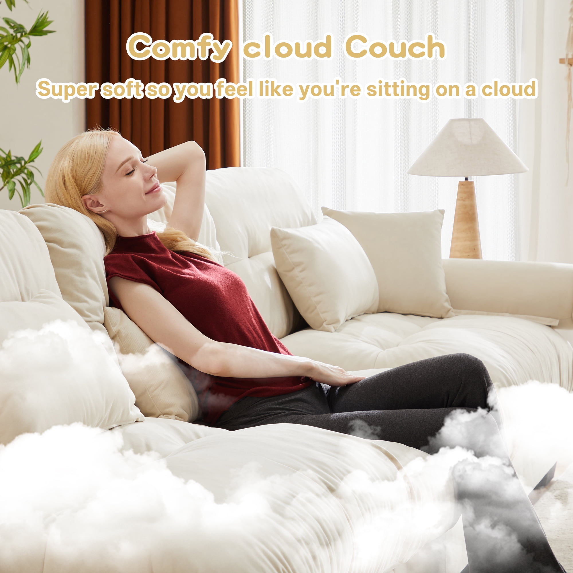 Alvantor L-Shaped Sectional Sofa 3-Seater Velvet Sofa Couch with Bolstered Armrests for Living Room, Easy Assembly Cream