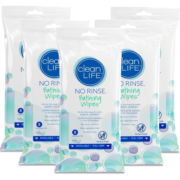 Cleanlife Products Bathing Wipes (5 Pack) - Disposable Body Cleansing Shower Cloths for Men, Women, Elderly, Camping, Gym, Hospital - Personal Care for Travel, Bedridden, Dementia (8 Wipes)