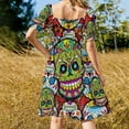 thumbnail image 5 of Floral Skull Print Casual Dress Sugar Skulls Pattern Stylish Dresses Sexy V Neck Elegant Trendy Dress Big Size, 5 of 7