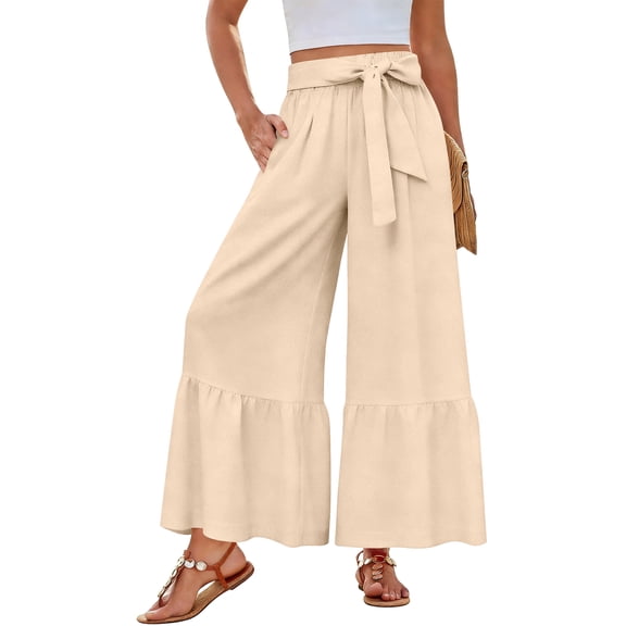 Dresfit Linen Pants for Woman Palazzo Wide Leg Yoga Trousers Summer 2026 Stretch Flowy Pant Lightweight Lounge Business Slacks with Pockets Beige 2XL