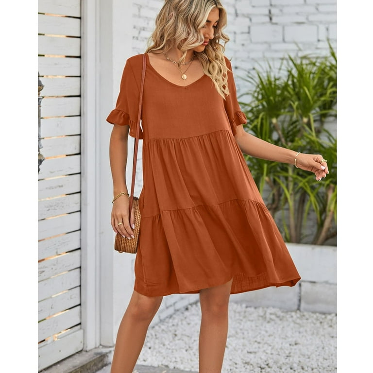 EKEZ Women Dress V-Neck Short Sleeve T-Shirt Dress Babydoll Ruffles Casual Mini Dress, Women's, Size: Medium, Beige