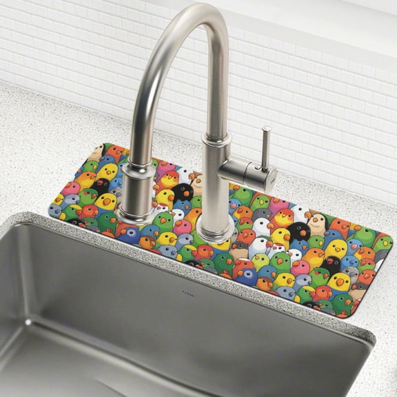 Yayeee Faucet Mat for Kitchen Sink 14.7" Diatomite Long Splash Guard Pad, Colorful Birds Pattern