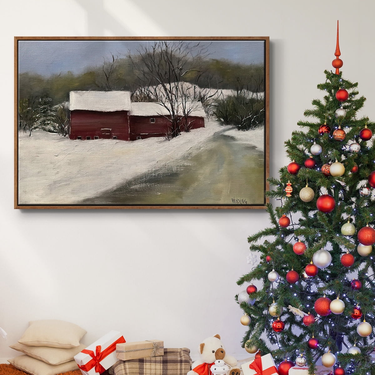 Winter Homestead II - Framed Gallery Wrapped Holiday Canvas - 25 x 37 - Rosewood Frame