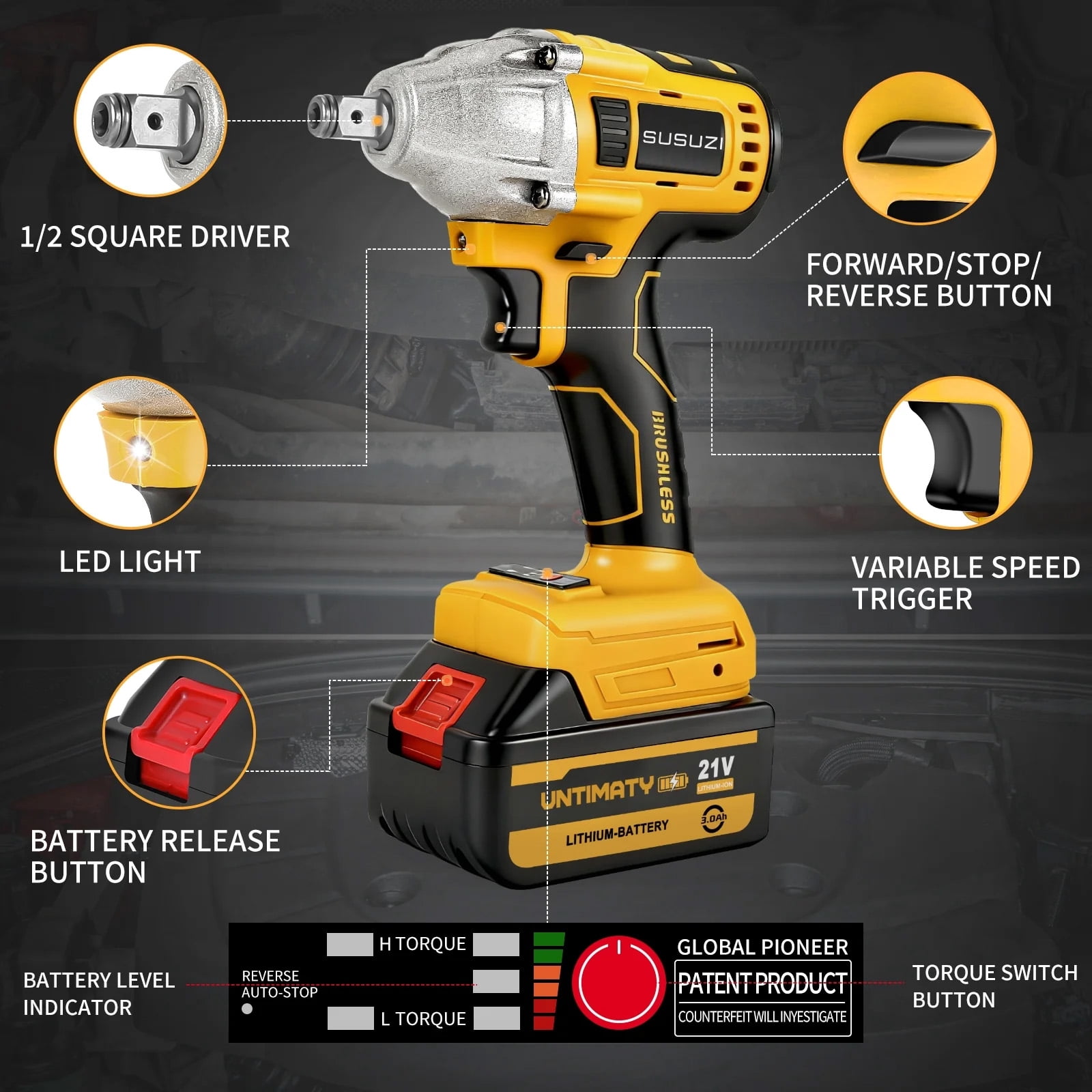 SUSUZI 20V Cordless Impact Wrench 1/2", 380Nm (280 ft-lbs) Max Torque Brushless Motor with 2 x 3.0A Batteries, Power Impact Wrench with 5 Sockets,8 Drill,6 Screws