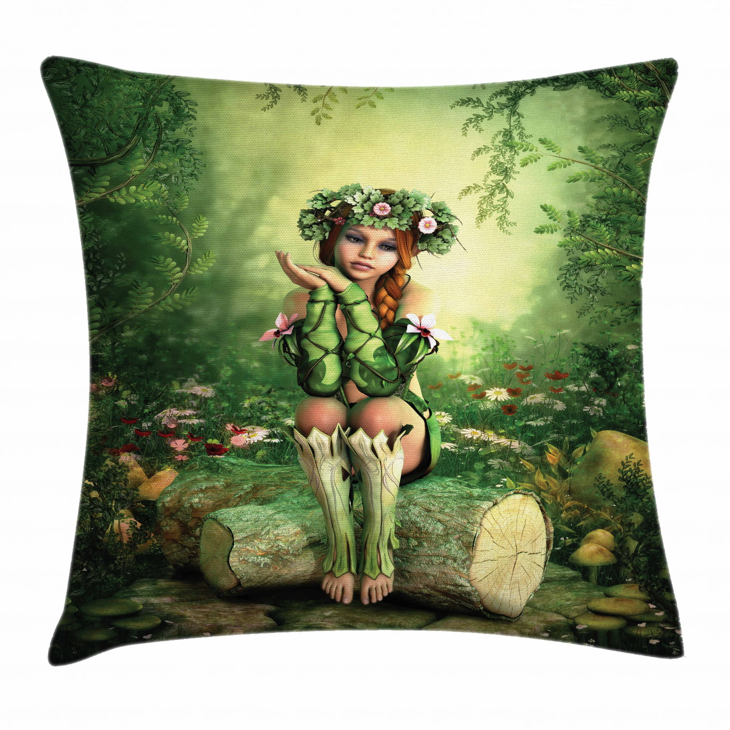 Ambesonne Fairy Bedspread Queen Size Green Beige Decorative Quilted 3 Piece Coverlet Set with 2 Pillow Shams Computer Art Elf Girl with Wreath on Her Head Sitting on a Tree Stump