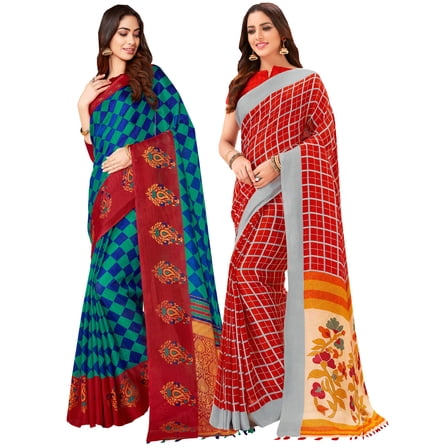 Pack of Two Saree for Women Printed Linen Silk Indian Wedding Sarees | Diwali Gift Ethnic Sari Combo