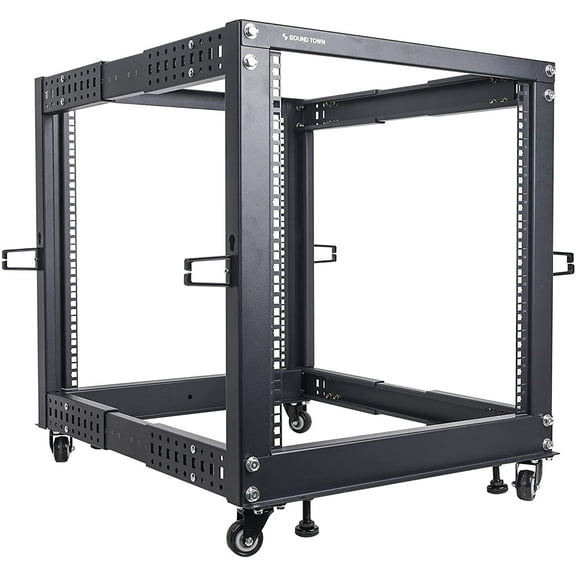 Sound Town 4-Post 12U Open Frame Sever and Network Equipment Rack with Adjustable Depth 22"-40", Casters, Levelers, Cable Management (ST4POF-A12U)