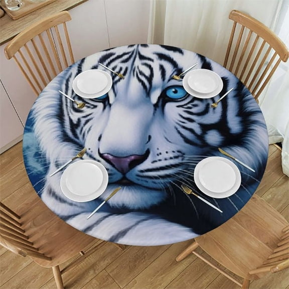 BCIIG White Tiger Blue and White Planet Moon Round Table Cover Stain Resistant Washable Indoor Outdoor Tablecloth Kitchen Dining Wedding Parties Picnic Farmhouse 100% Polyester Fiber 31-35
