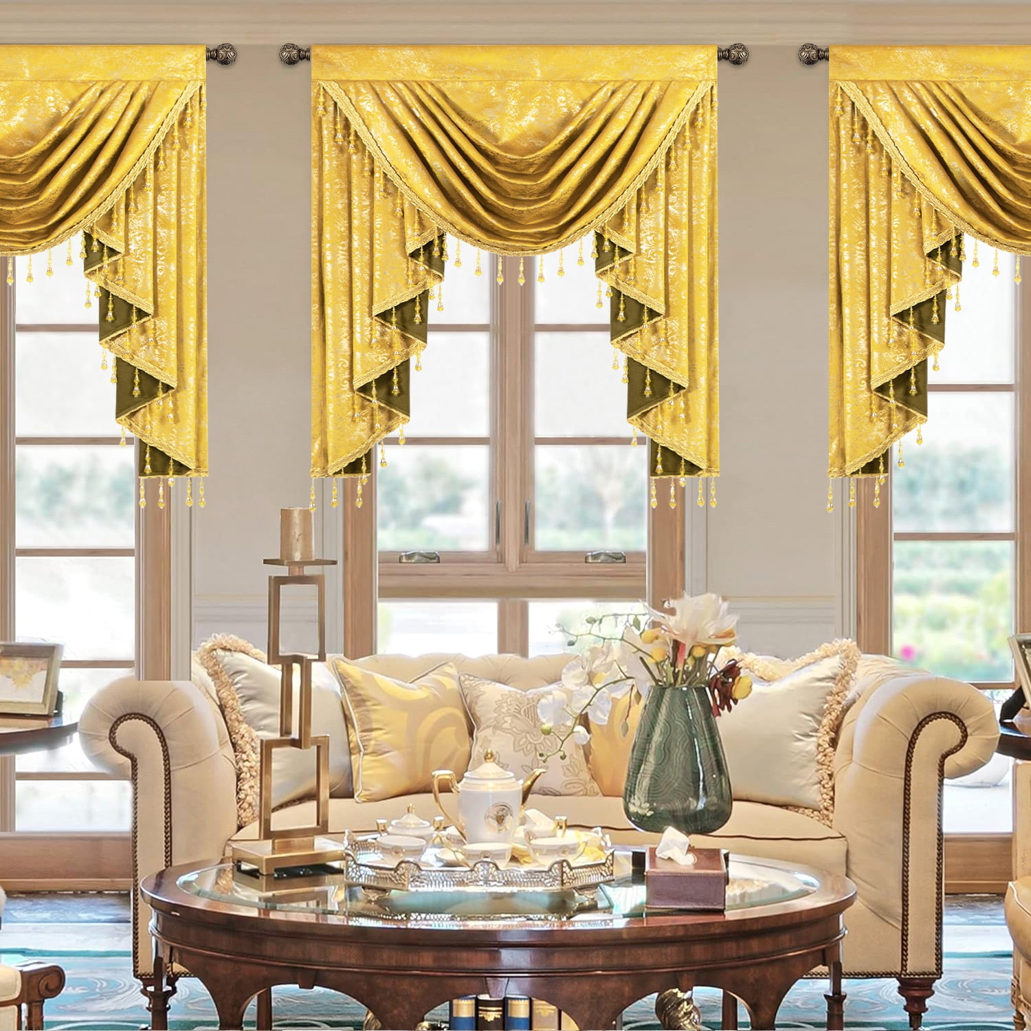 VOGOL Velvet Waterfall Valance for Bedroom, Soft Textured Prin Curtain with Elegant Tassel Design, Rod Pocket, 39x43 Inches, Bright Yellow, 1 Panel