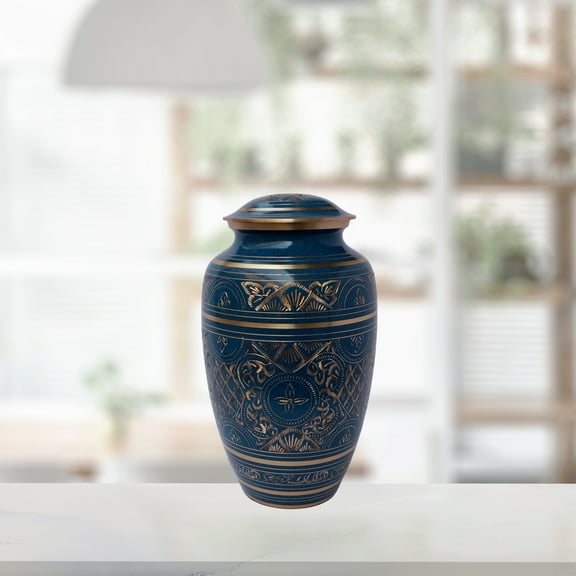 Brass Etched Large Adult Cremation Urn for Human Ashes — With Velvet Bag