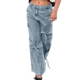 thumbnail image 2 of Y2K Tie Baggy Jeans for Women - Wide Straight Leg Denim Pants with Mid Rise Casual Boyfriend Fit Water-Washed Blue S, 2 of 7