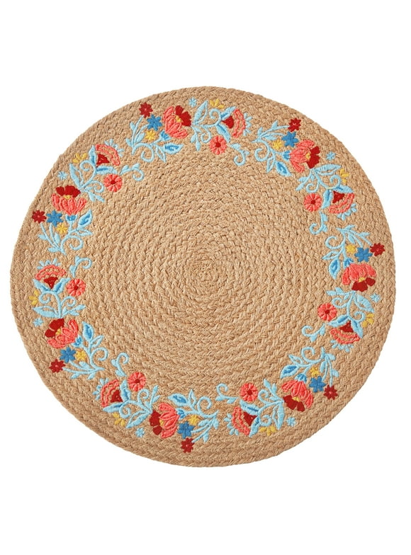 The Pioneer Woman Sweet Rose Embroidered Jute Round Placemat, Multicolor, 15"