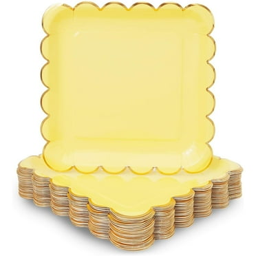 48-Pack Pastel Yellow Square Paper Plates, Gold Foil Scalloped Edge (9 in)