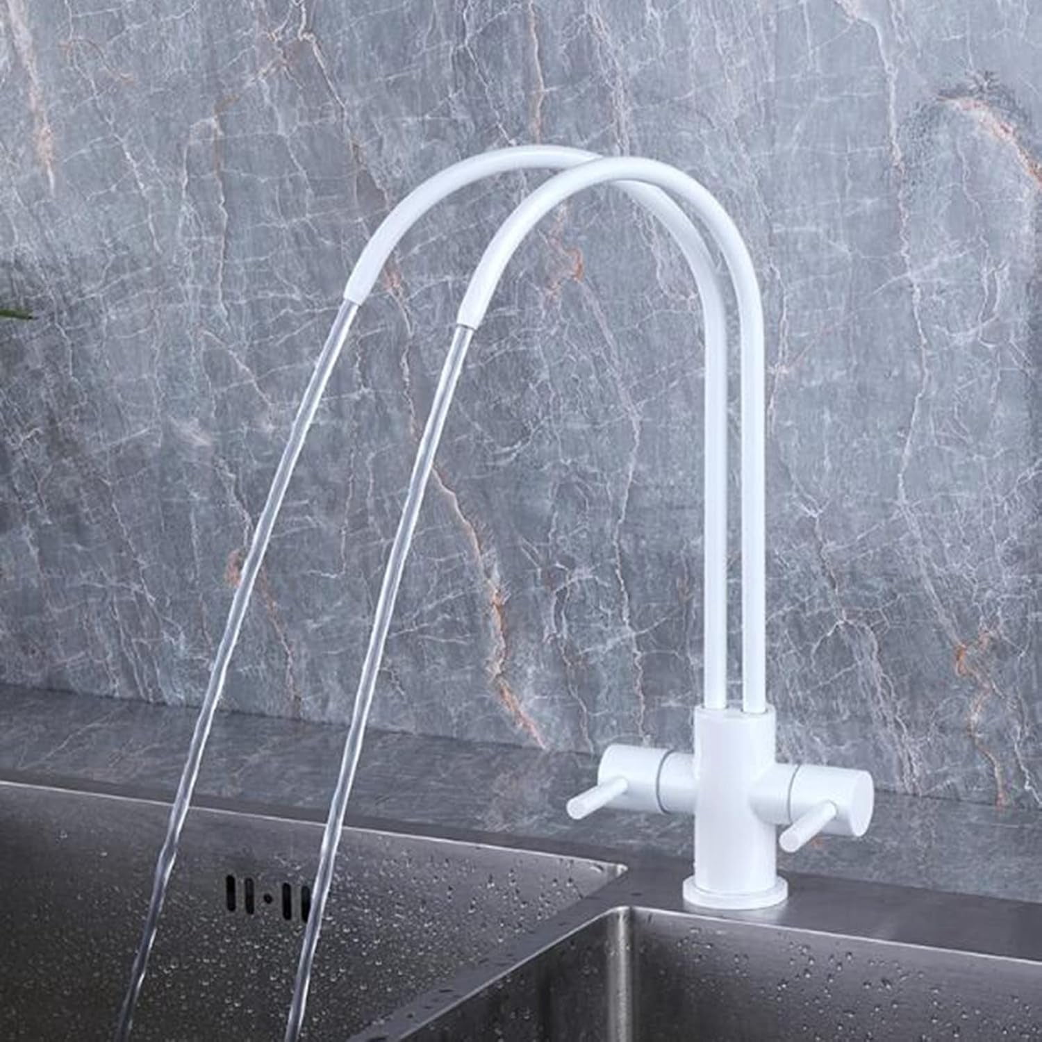 Kitchen Faucet Water Filter White Stainless Steel Swivel Double Tube Double Outlet Water Purifier