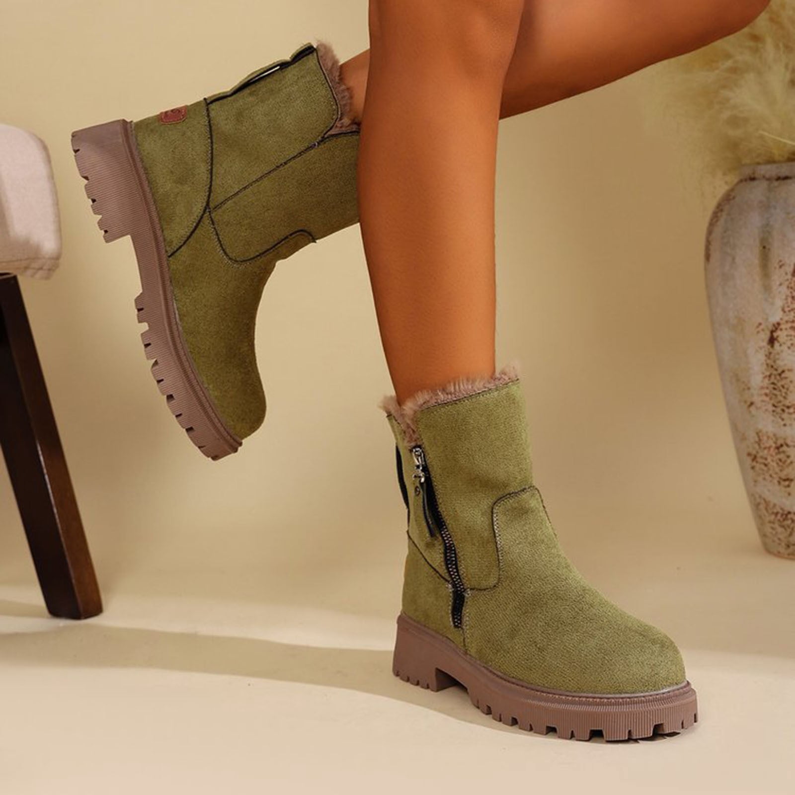 Xfvqtps Thermal Winter Boots for Women Warm Furry Lined Mid Calf Boots Waterproof Snow Shoes Non Slip Sole Outdoor Hiking Booties Comfortable Green