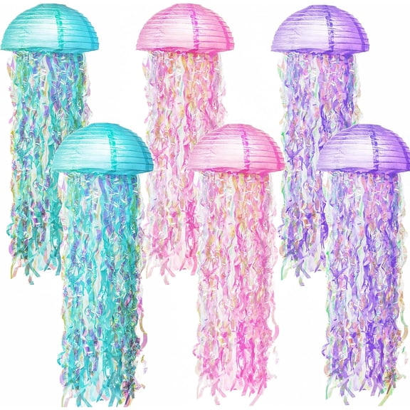 6-Pack Jellyfish Paper Lanterns - Versatile Lantern Decoration with Glitter for Weddings, Birthdays, Mermaid Themes, Baby Showers and Under The Sea Parties 10", Pink, Green, Purple