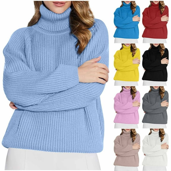 Ashirexll Sweaters for Women Trendy, Pullover Sweaters for Women, Sweaters for Women Solid High Neck Long Sleeve Sweater Top Turtleneck