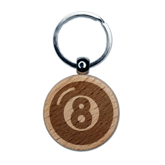 8 Eight Ball Billiards Pool Round Keychain Charm Tag - Engraved Wood