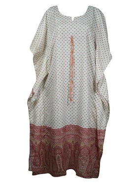 Mogul Women Off-White Maxi Dress Kaftan Printed Beach Cover Up Loose Maternity Recycle Sari Resort Wear Caftan 2XL