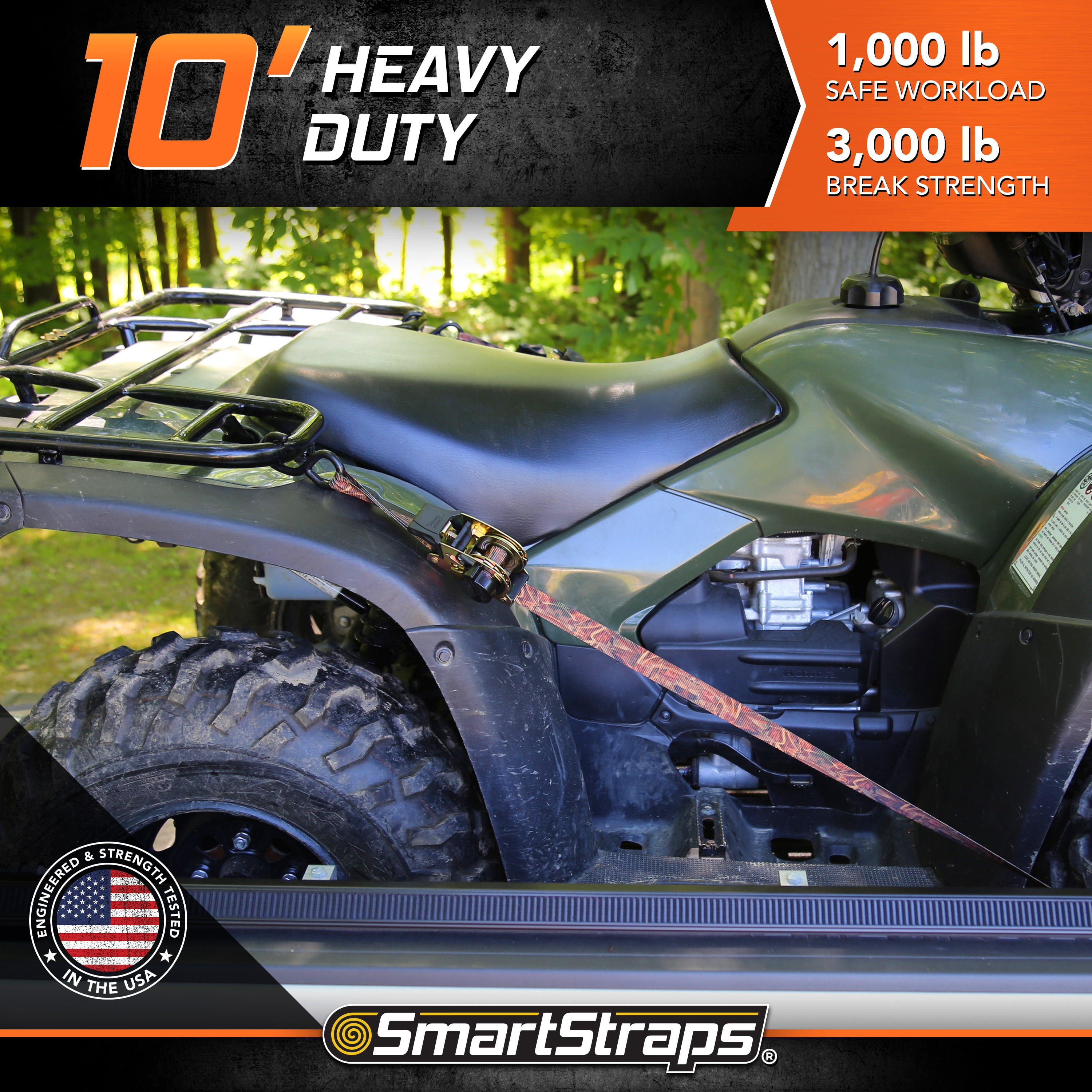 SmartStraps 1.5" x 10ft Retractable Ratchet Tie Down Straps, Camo, 2 Pack - 1,000lb SWL