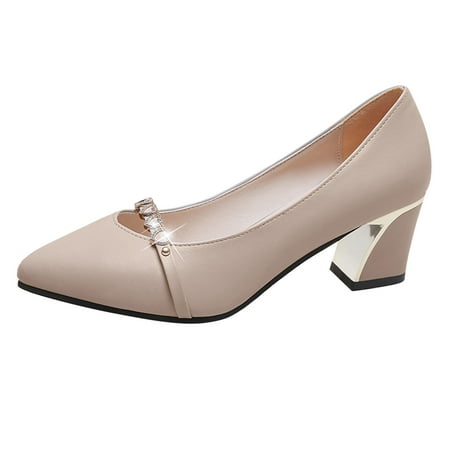 

adviiicd Ladies Pumps Solid Color Leather Surface Rhinestone Decorative Leather Shoes Thick High Heel Low Pumps