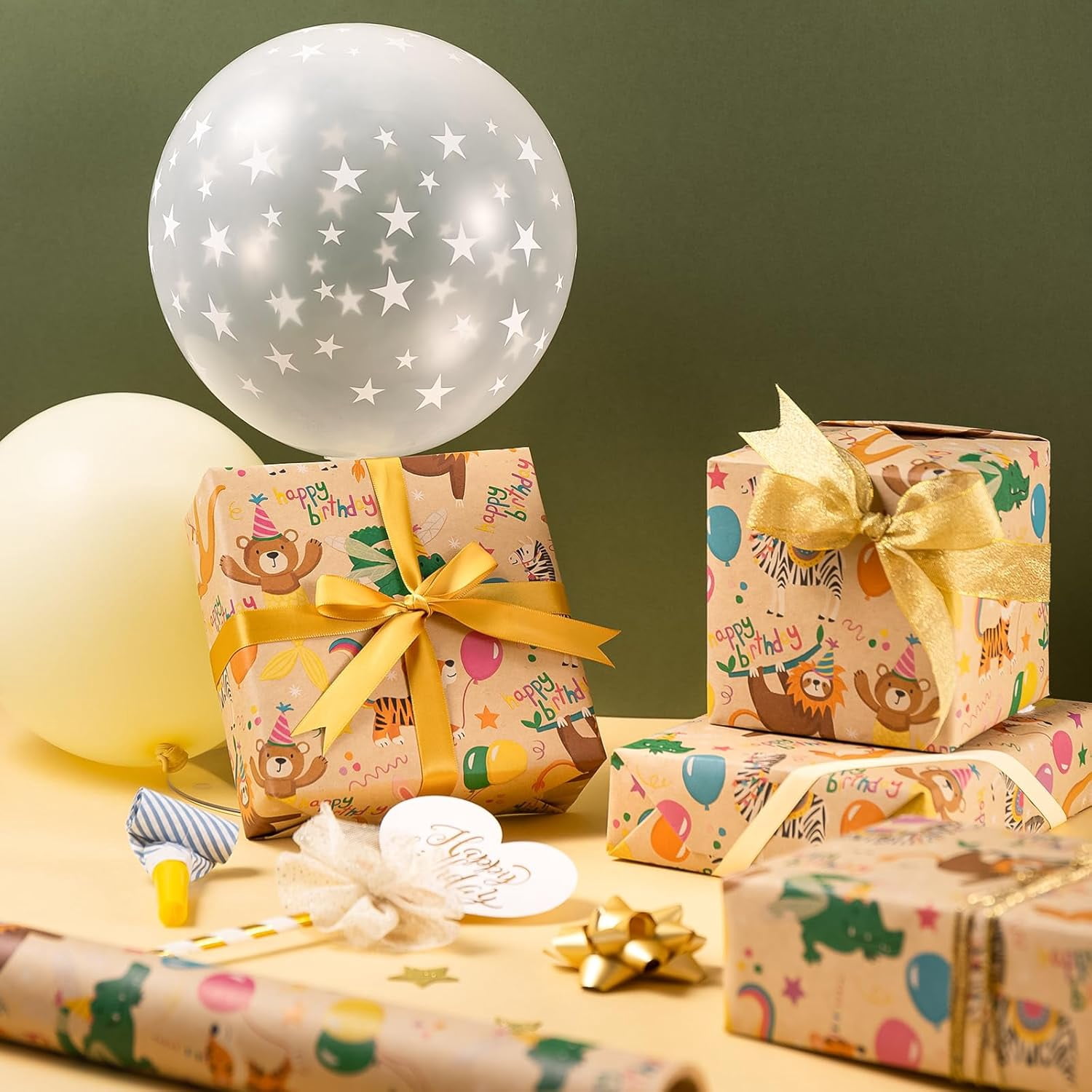 Kraft Animal Birthday Wrapping Paper Roll - Mini Roll - 17 Inch x 16.5 Feet - Animal Happy Birthday Wrapping Paper Perfect for Kids, Baby Shower